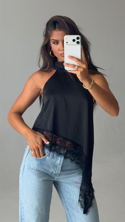 Asymmetric Lace Halter Top in Black