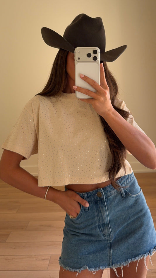 The “Brooklyn" Cropped Rhinestone Tee in Tan