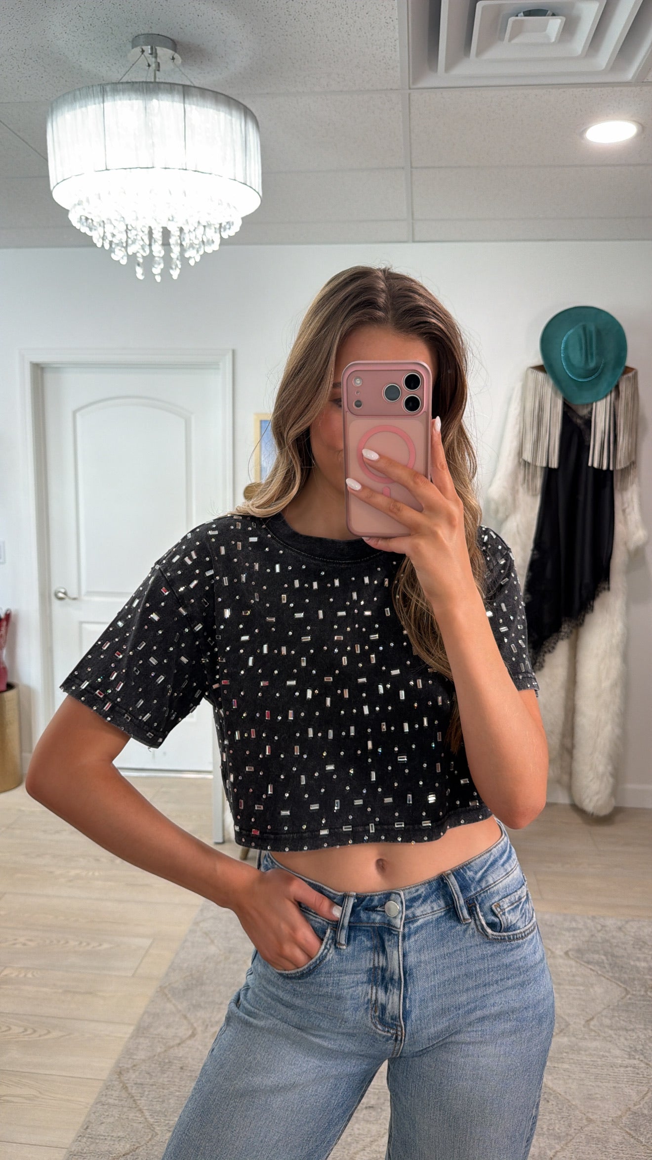 The “Houston" Cropped Rhinestone Tee in Black
