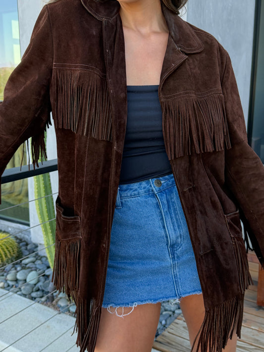 Vintage Brown Suede Fringe Jacket Size Large (10-12)