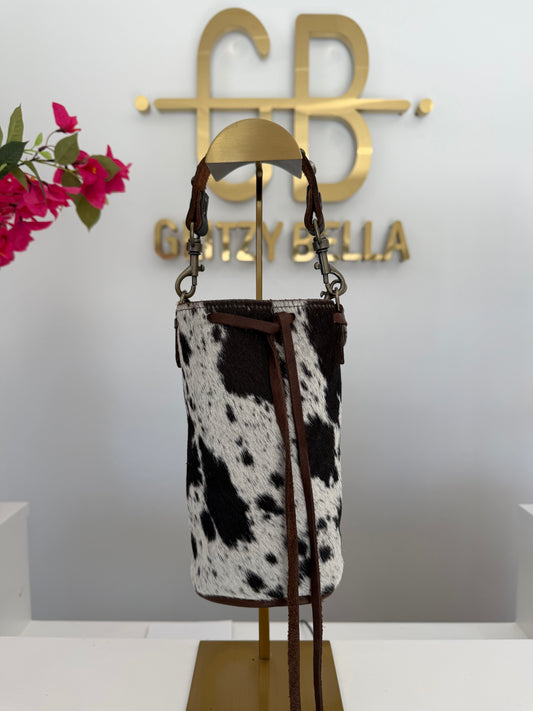 Brown and White Cowhide Bucket Bag Small Drawstring w/ Brown Strap