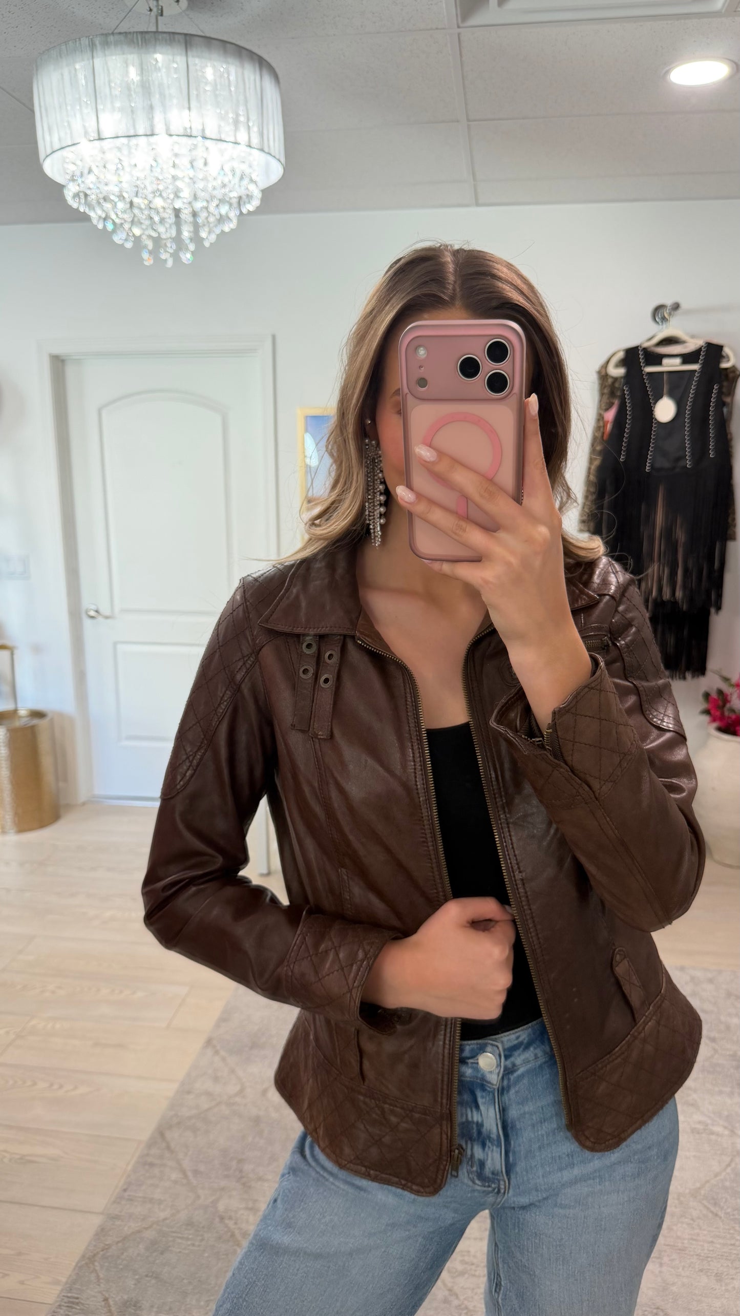 Vintage Brown Leather Quilted Jacket Size XS