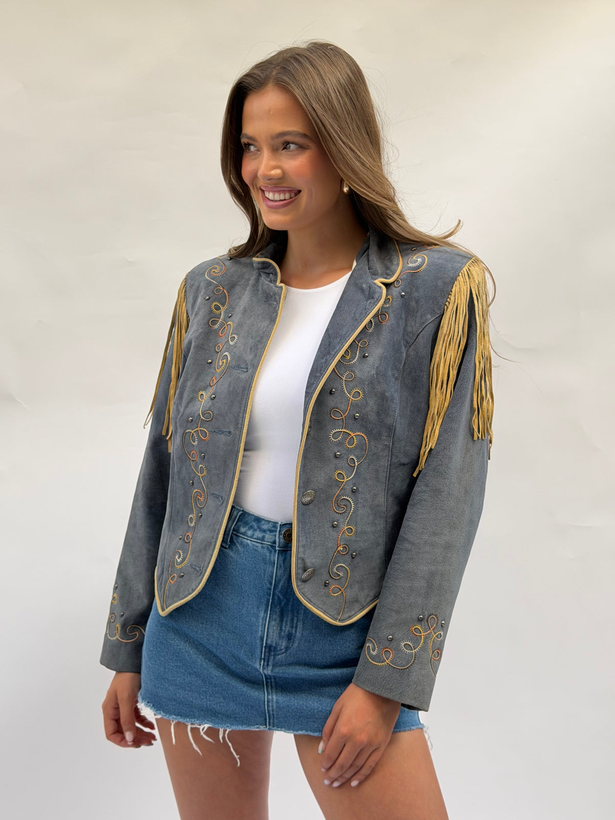 Vintage Blue/Grey Suede Fringe Jacket Size Medium
