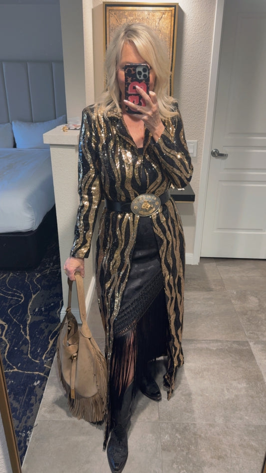 NEW!! Sequin Zebra Print Duster in Gold/Black
