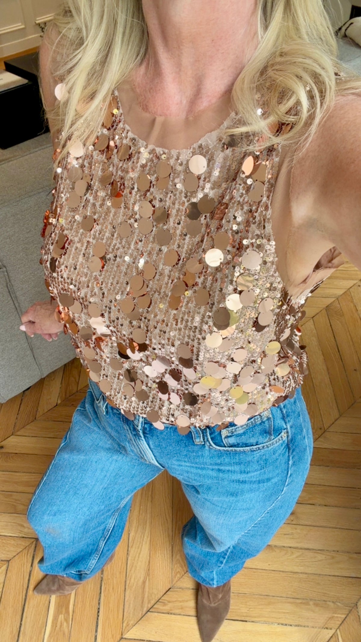 "Fashion Icon" Paillettes Sequin Tank in Cinnamon Brown