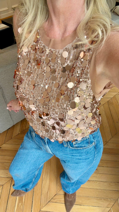 "Fashion Icon" Paillettes Sequin Tank in Cinnamon Brown