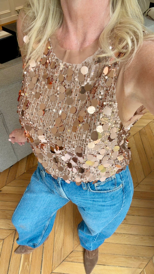 "Fashion Icon" Paillettes Sequin Tank in Cinnamon Brown