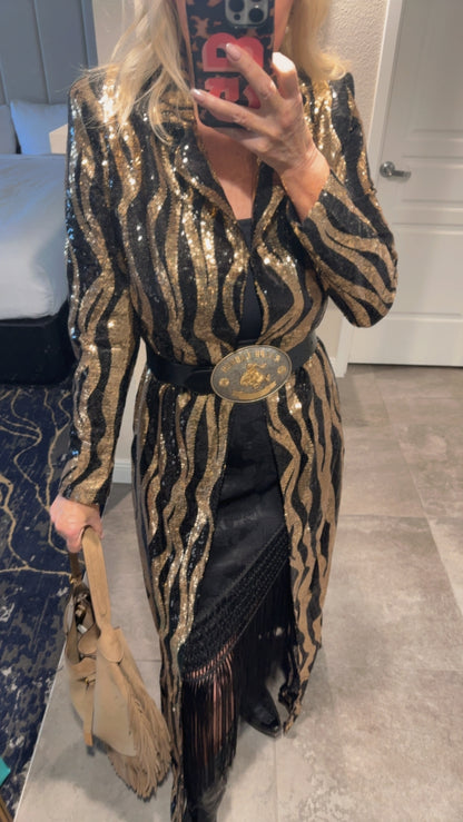 NEW!! Sequin Zebra Print Duster in Gold/Black