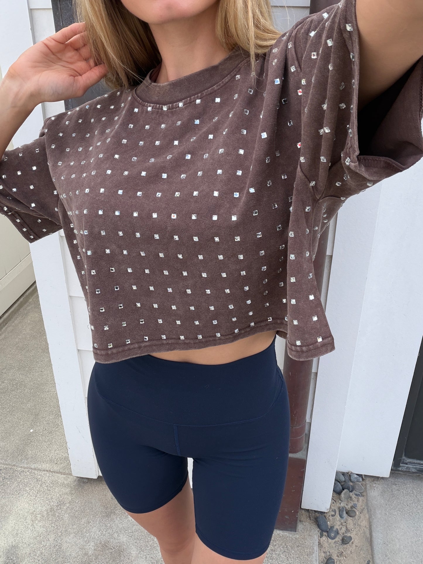 The “Dallas" Cropped Rhinestone Tee in Brown