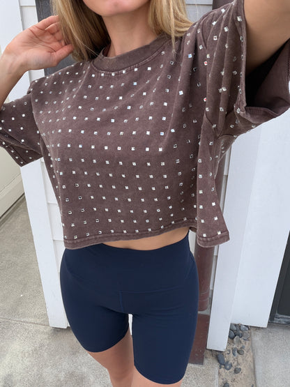 The “Dallas" Cropped Rhinestone Tee in Brown
