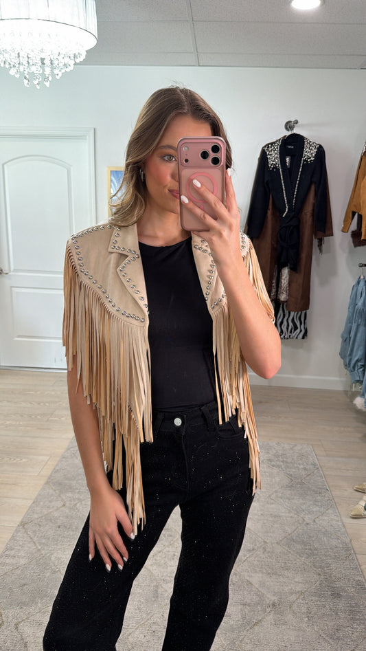 NEW!! The "Wrangler" Studded Fringe Suede Shawl in Cream