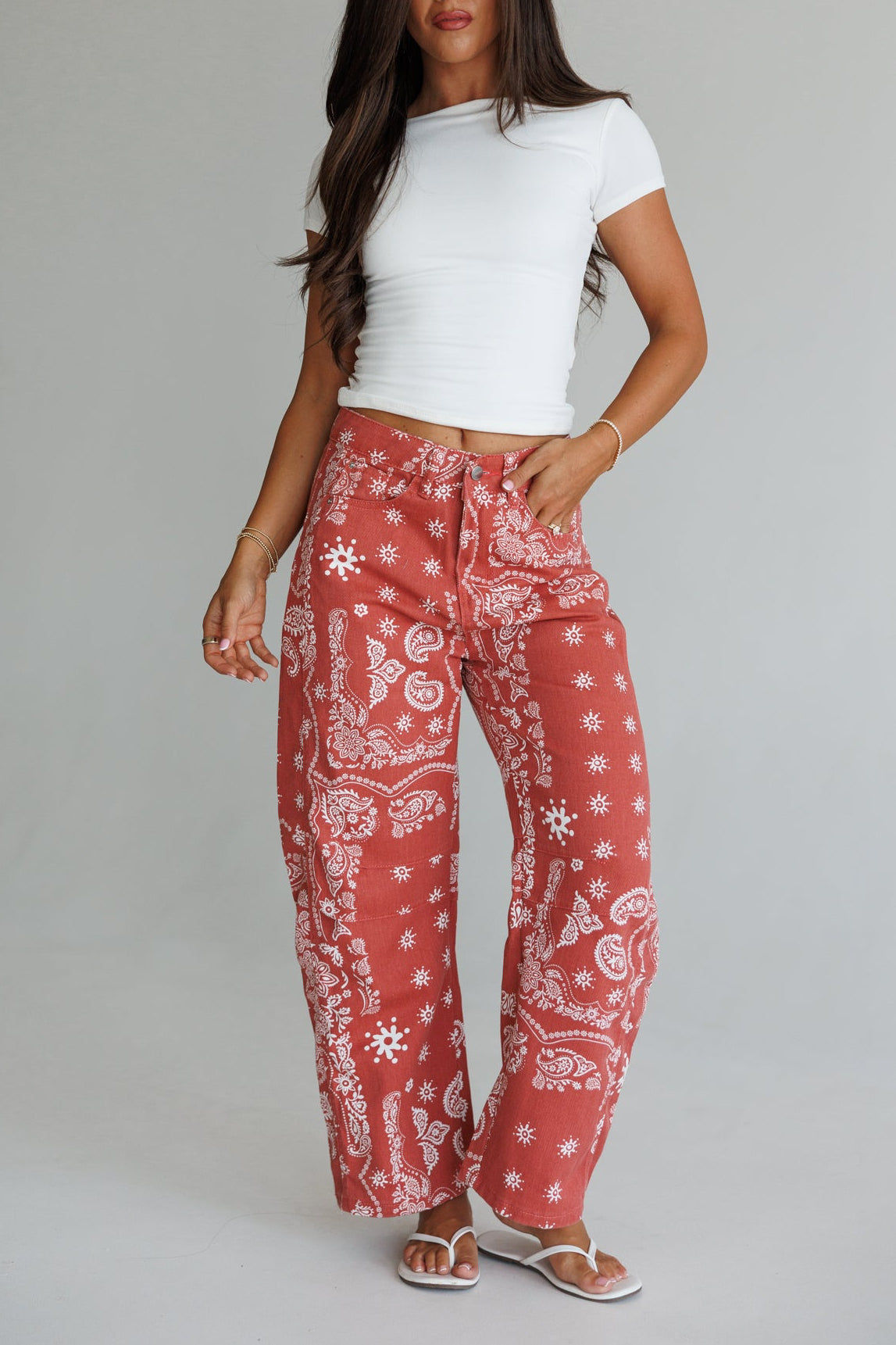 Bandana Print Barrel Leg Pants in Red