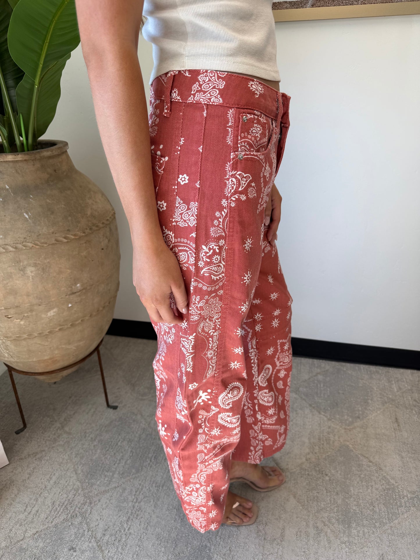 Paisley Barrel Leg Pants in Red
