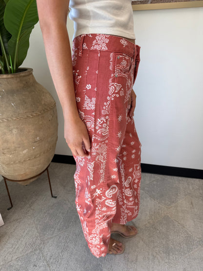 Paisley Barrel Leg Pants in Red