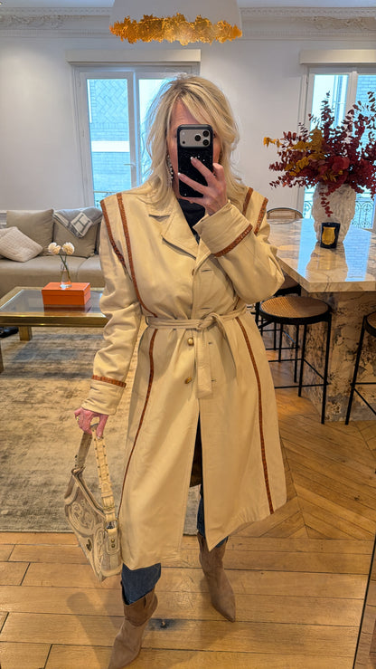 NEW!! Vintage Leather Trench w/ Snakeskin Trim Size Medium