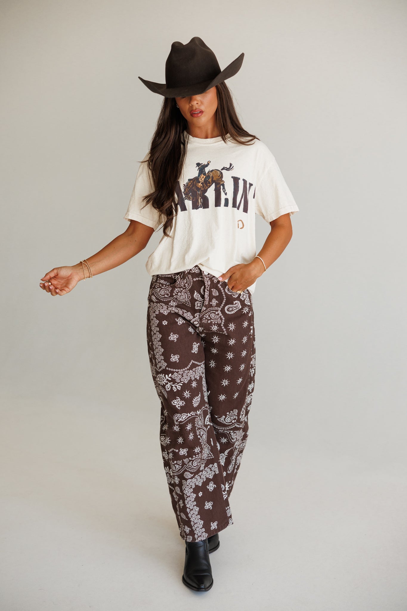 Bandana Print Barrel Leg Pants in Chocolate