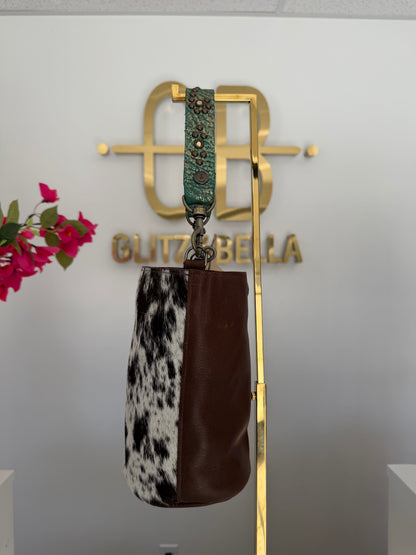 Brown and White Cowhide Small Bucket Bag w/ Turquoise Strap