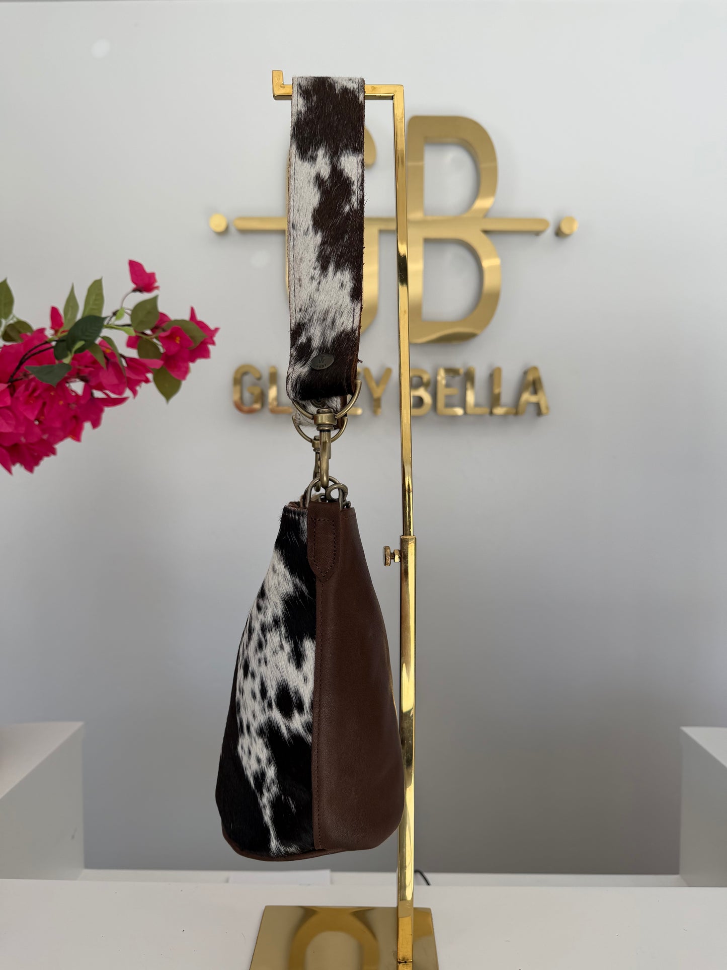 Brown and White Cowhide Small Bucket Bag w/ Cowhide Strap