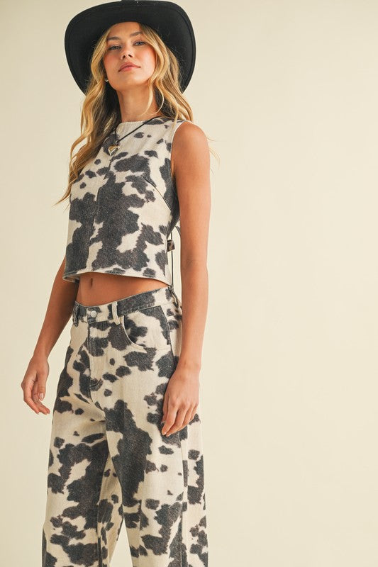 NEW!! Denim Cow Print Two Piece Set