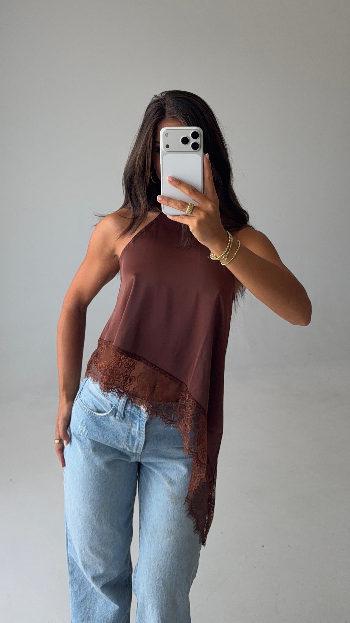 Asymmetric Lace Halter Top in Chocolate - PREORDER