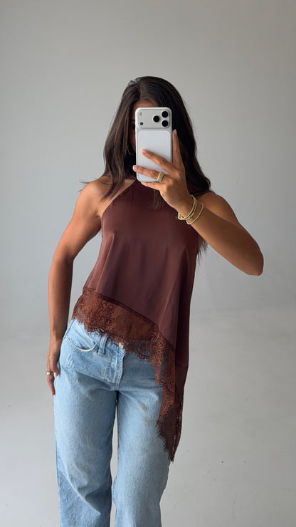 Asymmetric Lace Halter Top in Chocolate - PREORDER
