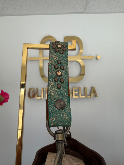 Brown and White Cowhide Small Bucket Bag w/ Turquoise Strap