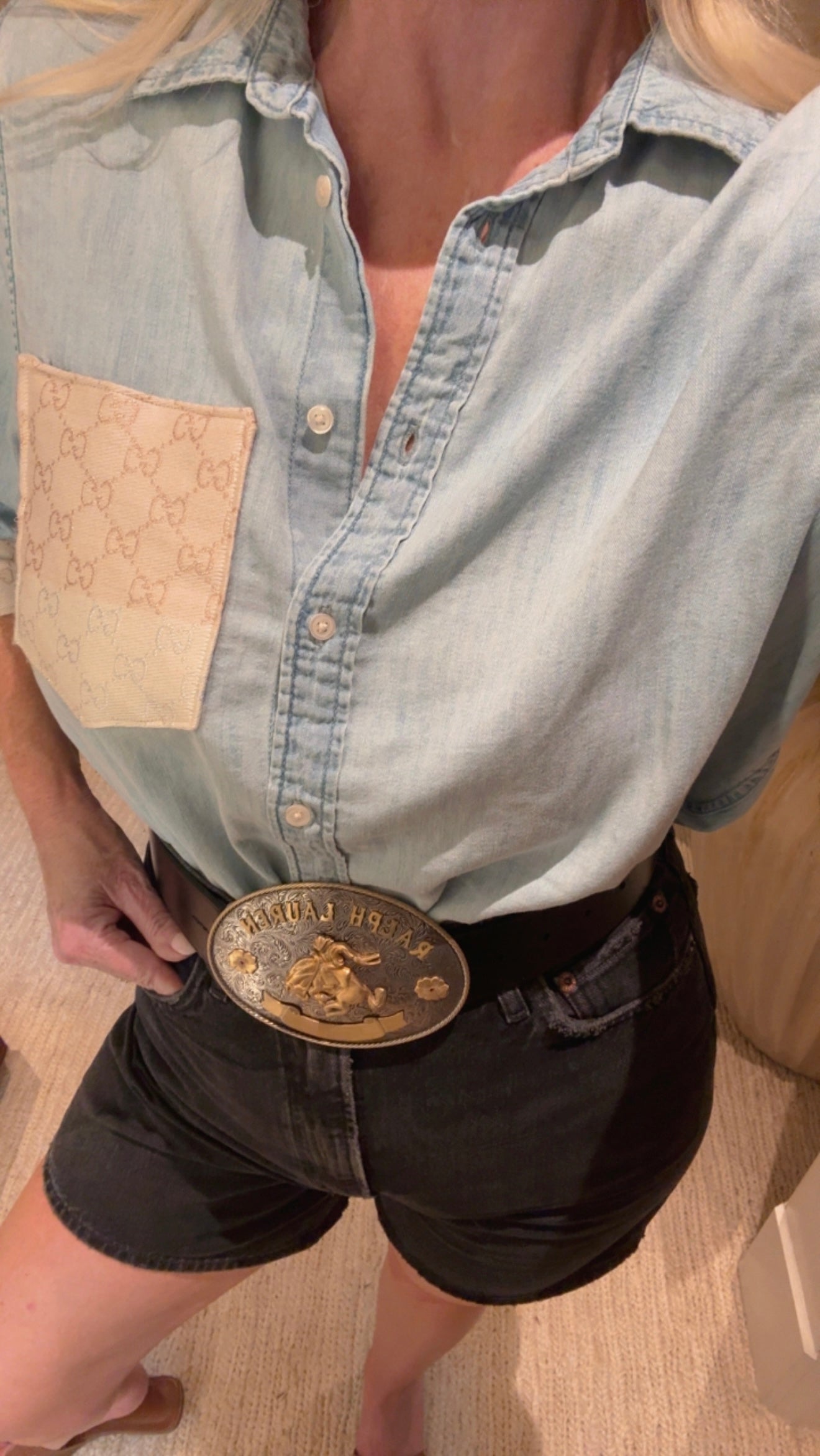 LIMITED EDITION!! Designer Repurposed Denim Shirt w/ Designer Beige Scarf