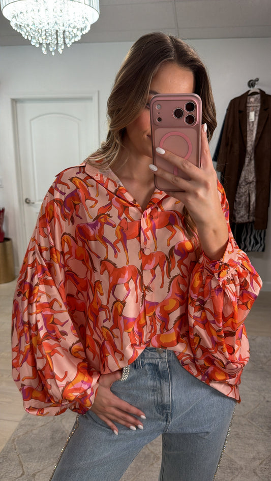 NEW!! Horseprint Satin Top in Orange & Pink