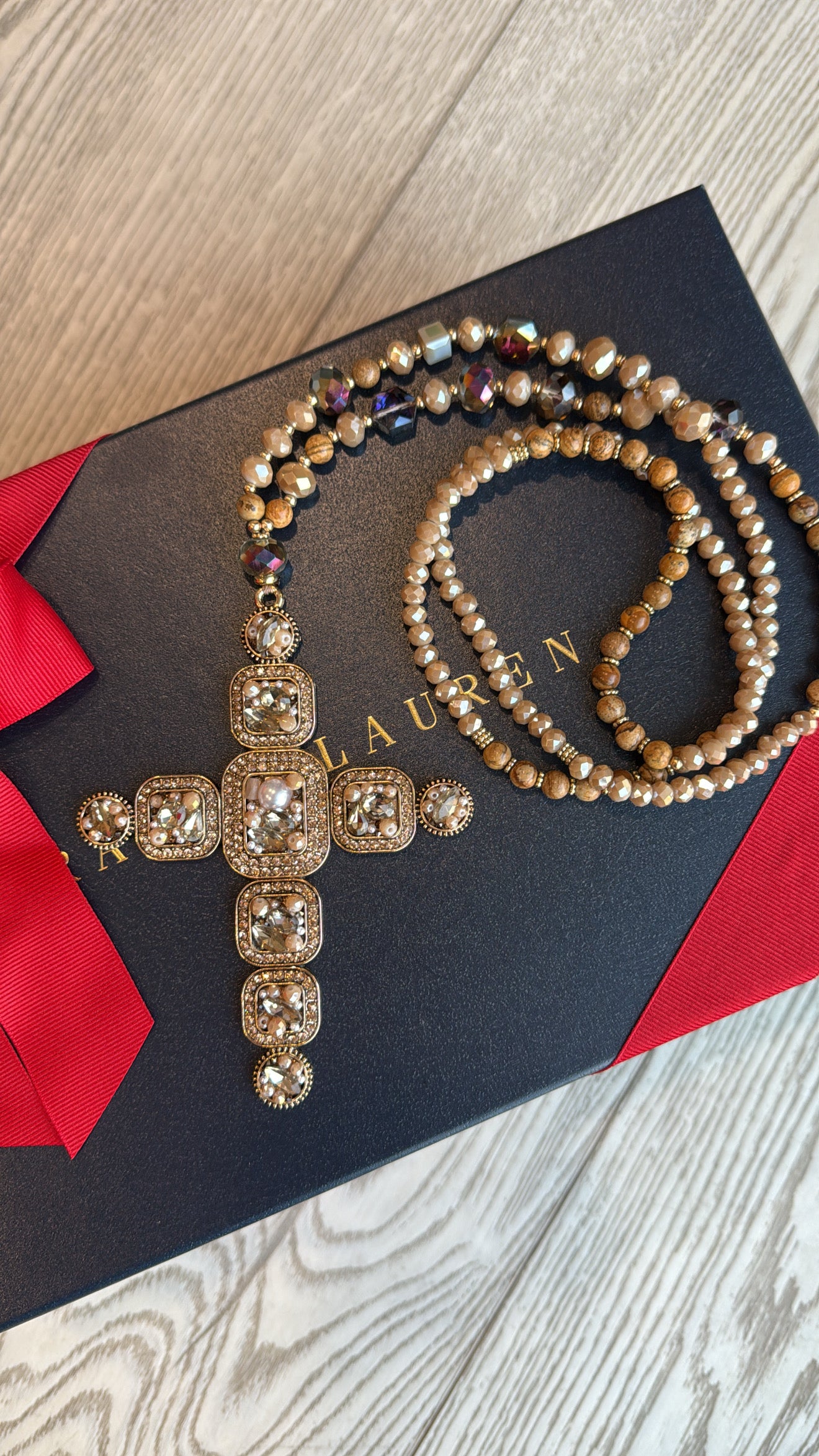 DOORBUSTER!! Oversized Crystal Cross Necklace in Brown