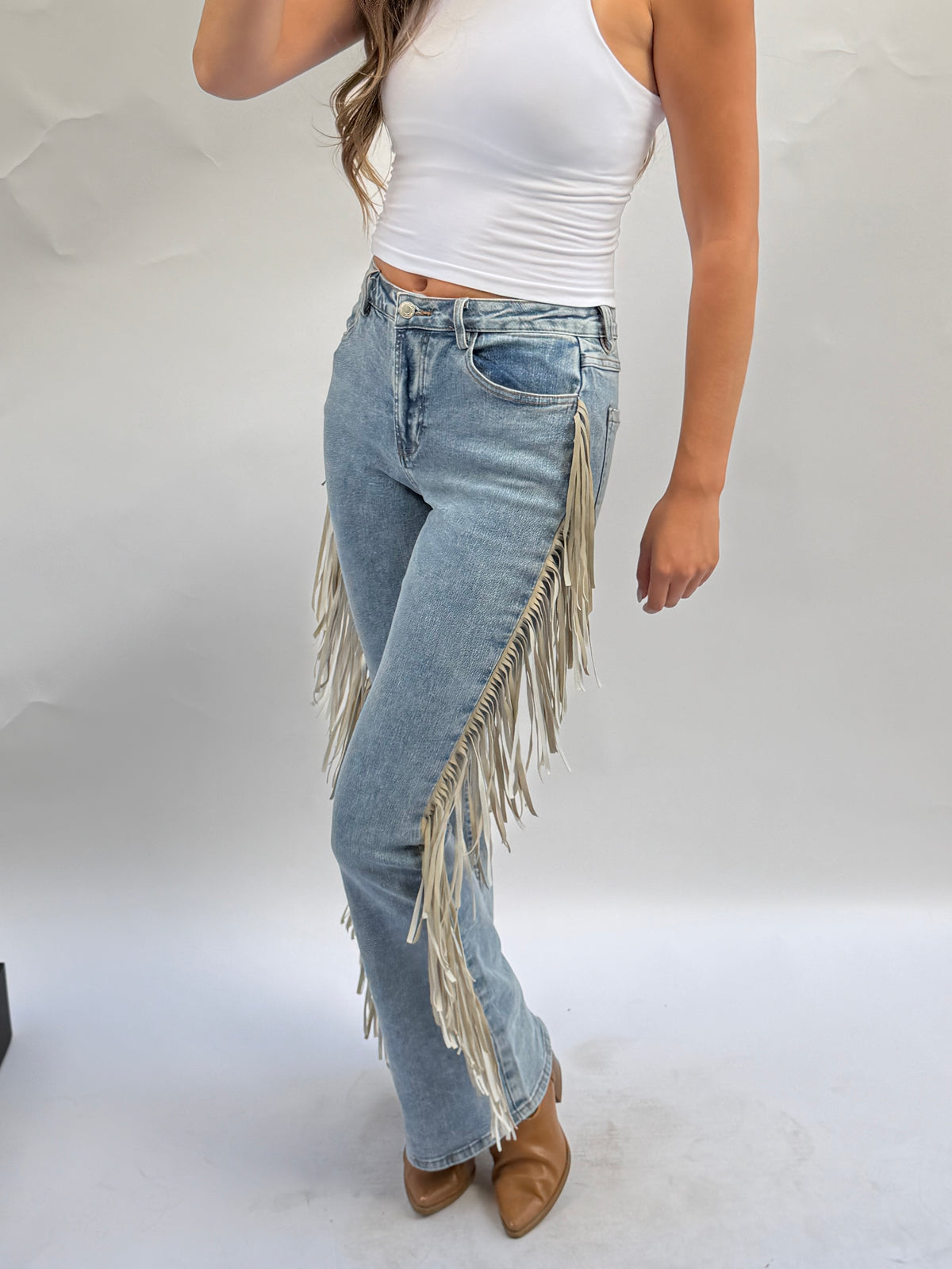 High Rise Fringe Jeans in Light Wash
