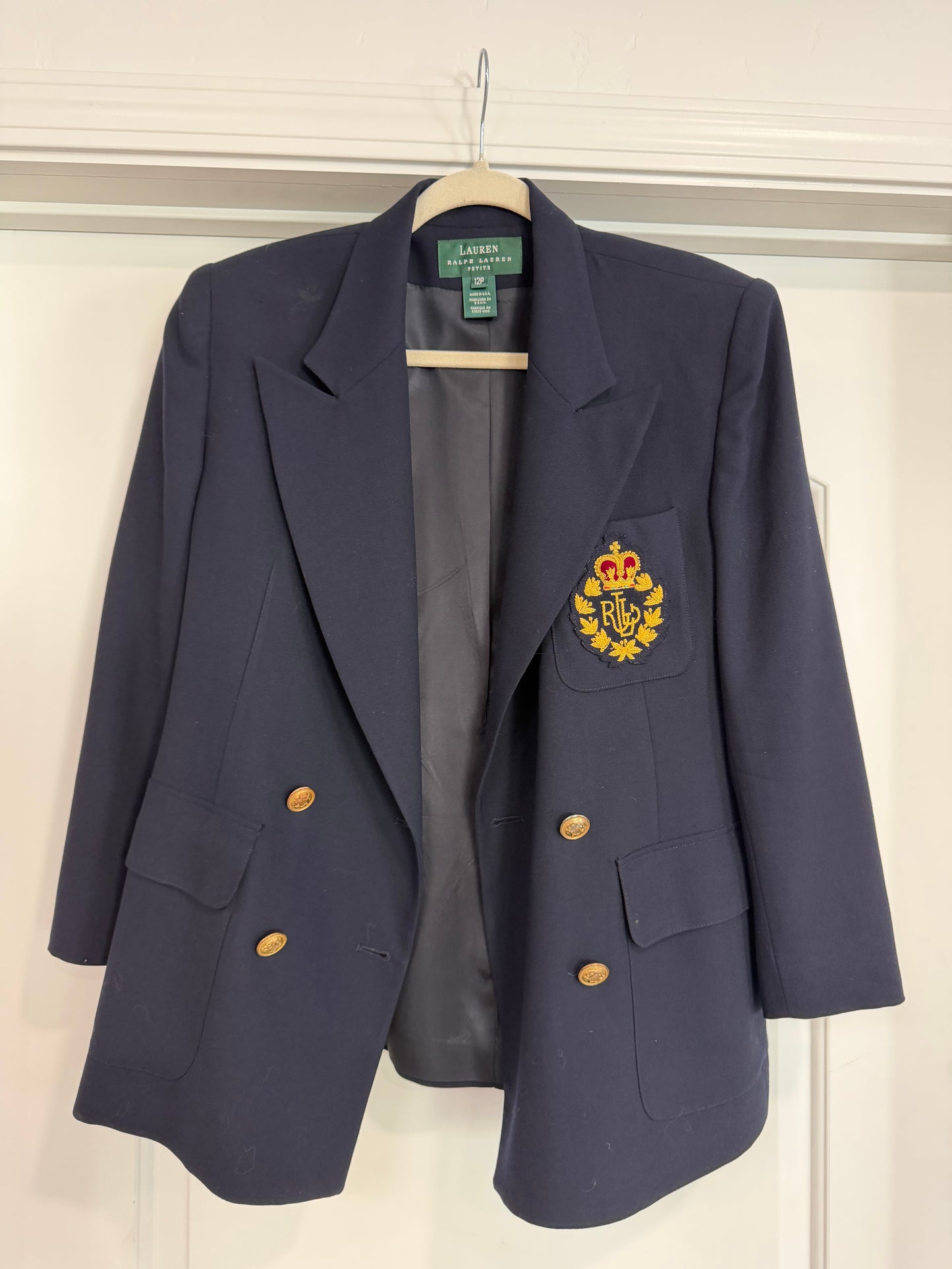 NEW!! Vintage Ralph Lauren Navy Crest Wool Blazer Size 12 Petite