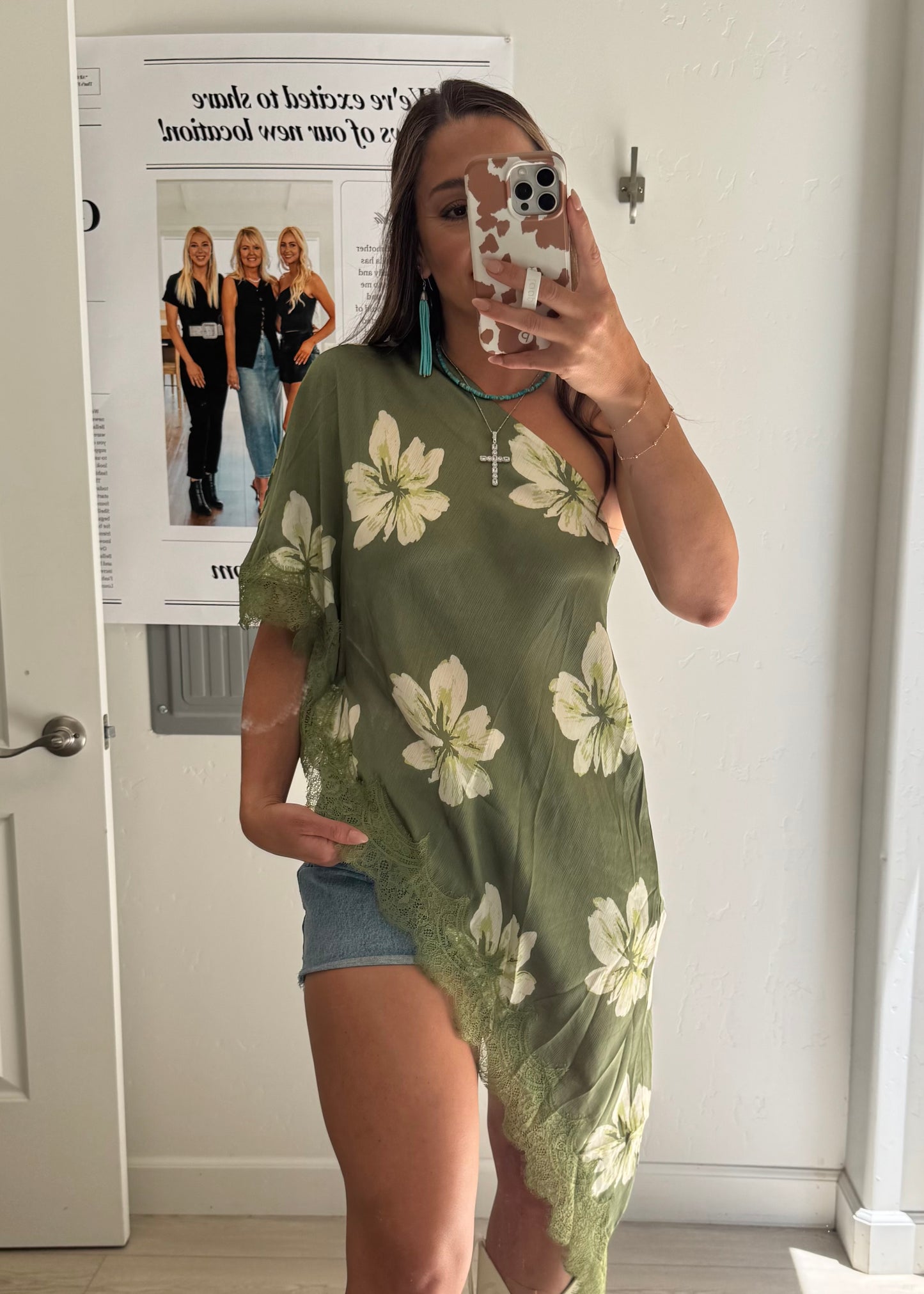 Asymmetric Lace Top in Green Floral