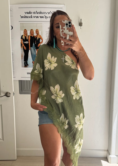 Asymmetric Lace Top in Green Floral