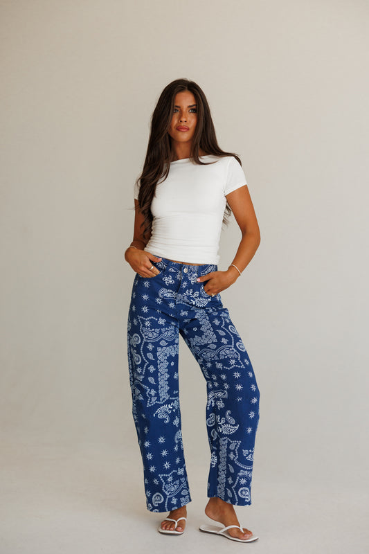 Bandana Print Barrel Leg Pants in Navy