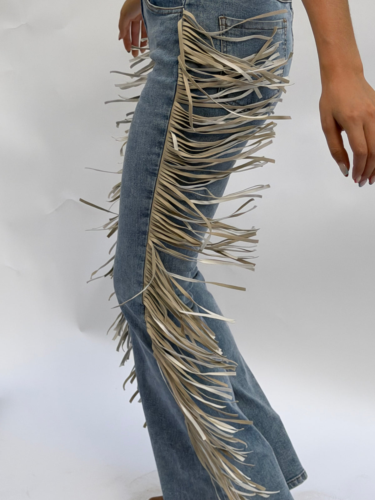 High Rise Fringe Jeans in Light Wash