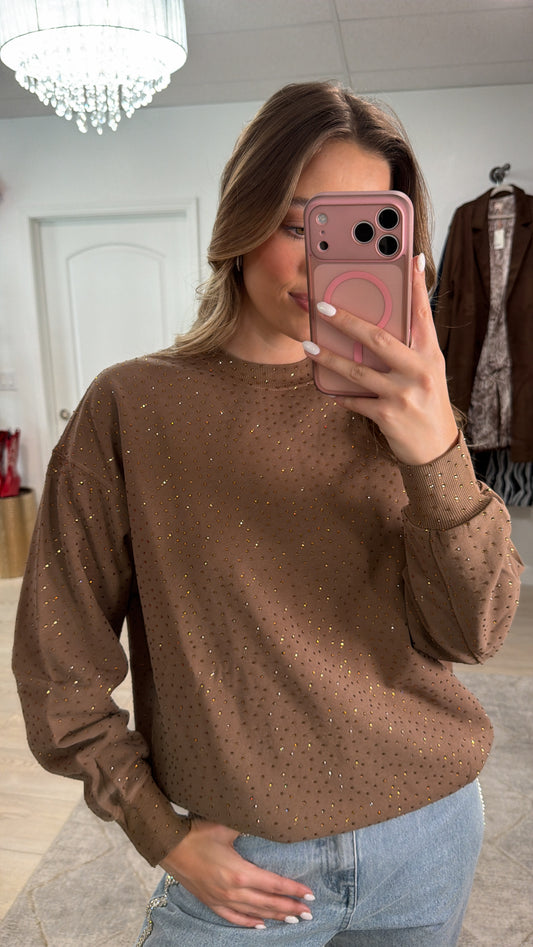 NEW!! "Off Duty" Rhinestone Sweatshirt in Brown