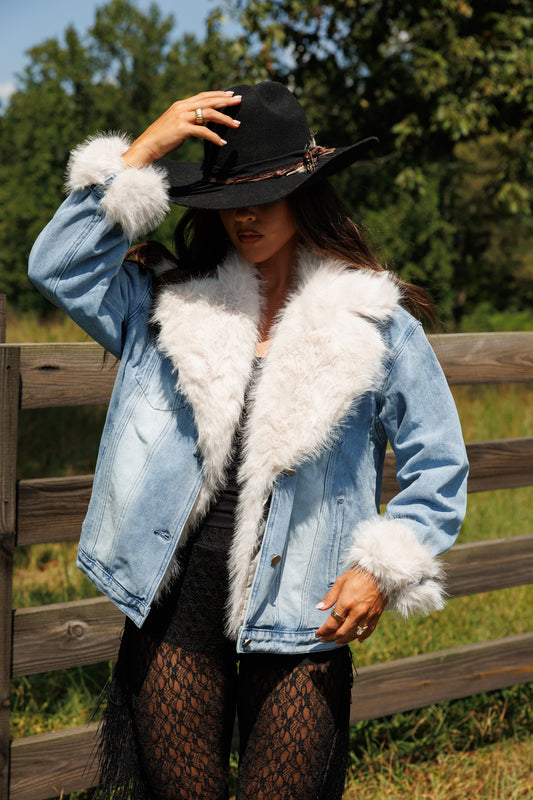 Penny Faux Fur Denim Jacket in Blue