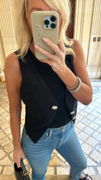 AS SEEN ON ASHLEE NICHOLS!! Crystal Button Down Cropped Vest in Black