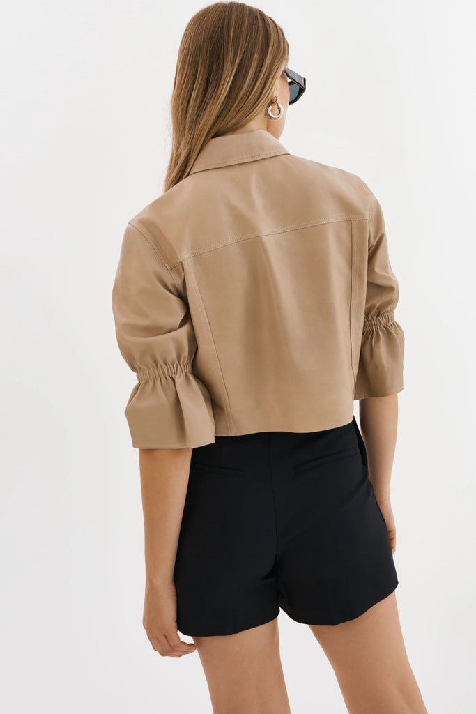 NEW!! Carolina Leather Ruffle Sleeve Jacket in Taupe by LaMarque