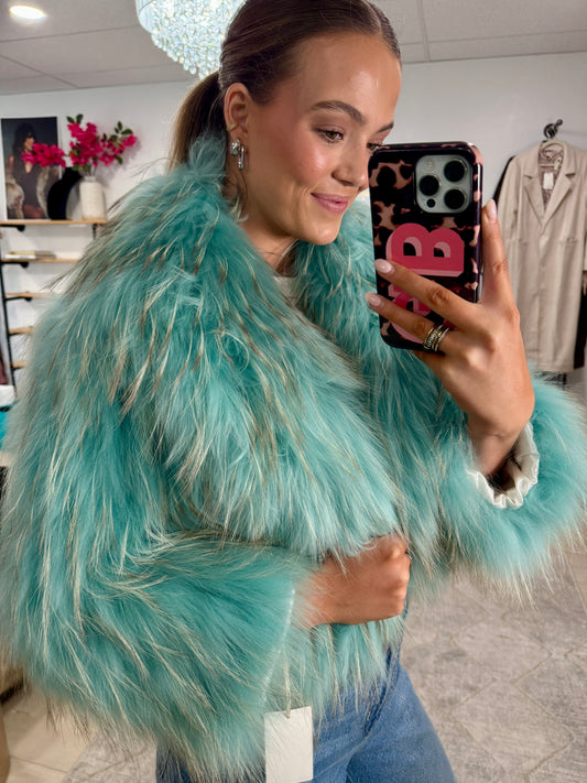 #43 Vintage Dyed Turquoise Cropped Fox Fur Jacket