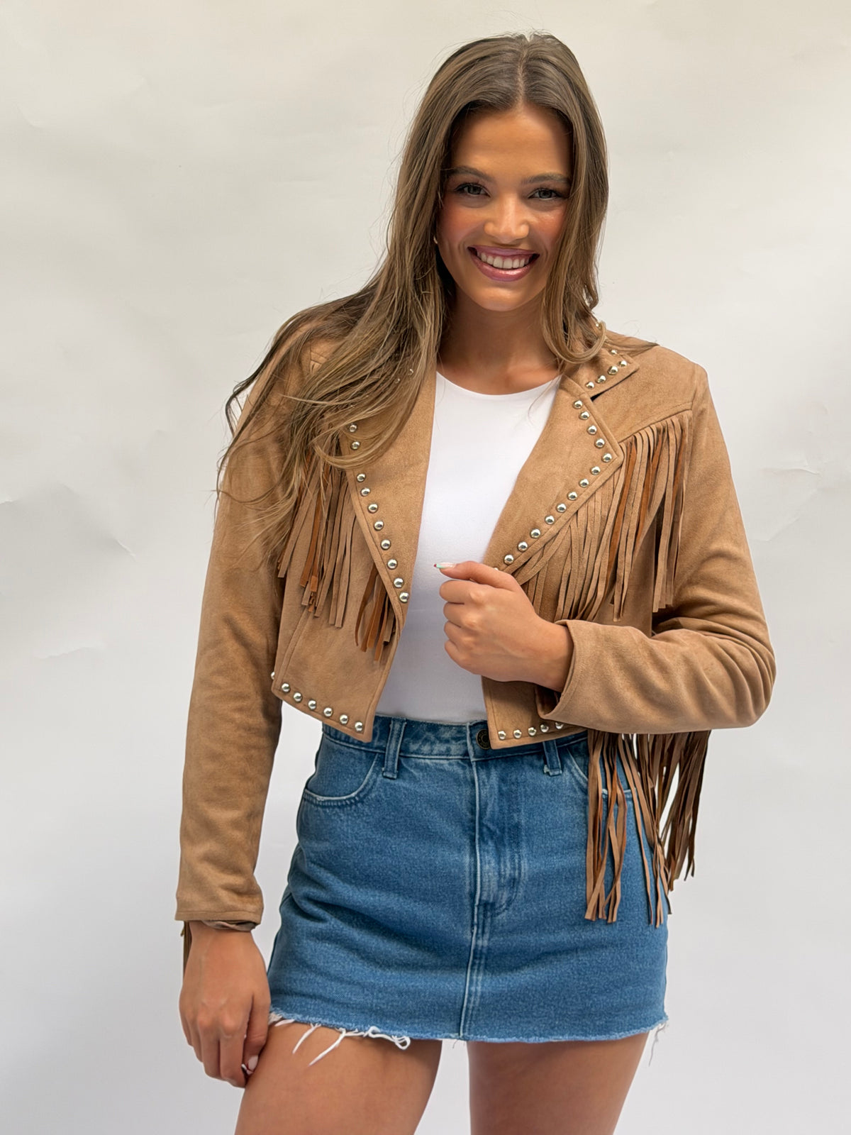 The Maverick Cropped Stud Jacket in Tan