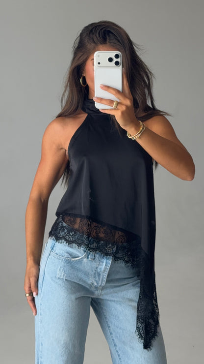 Asymmetric Lace Halter Top in Black