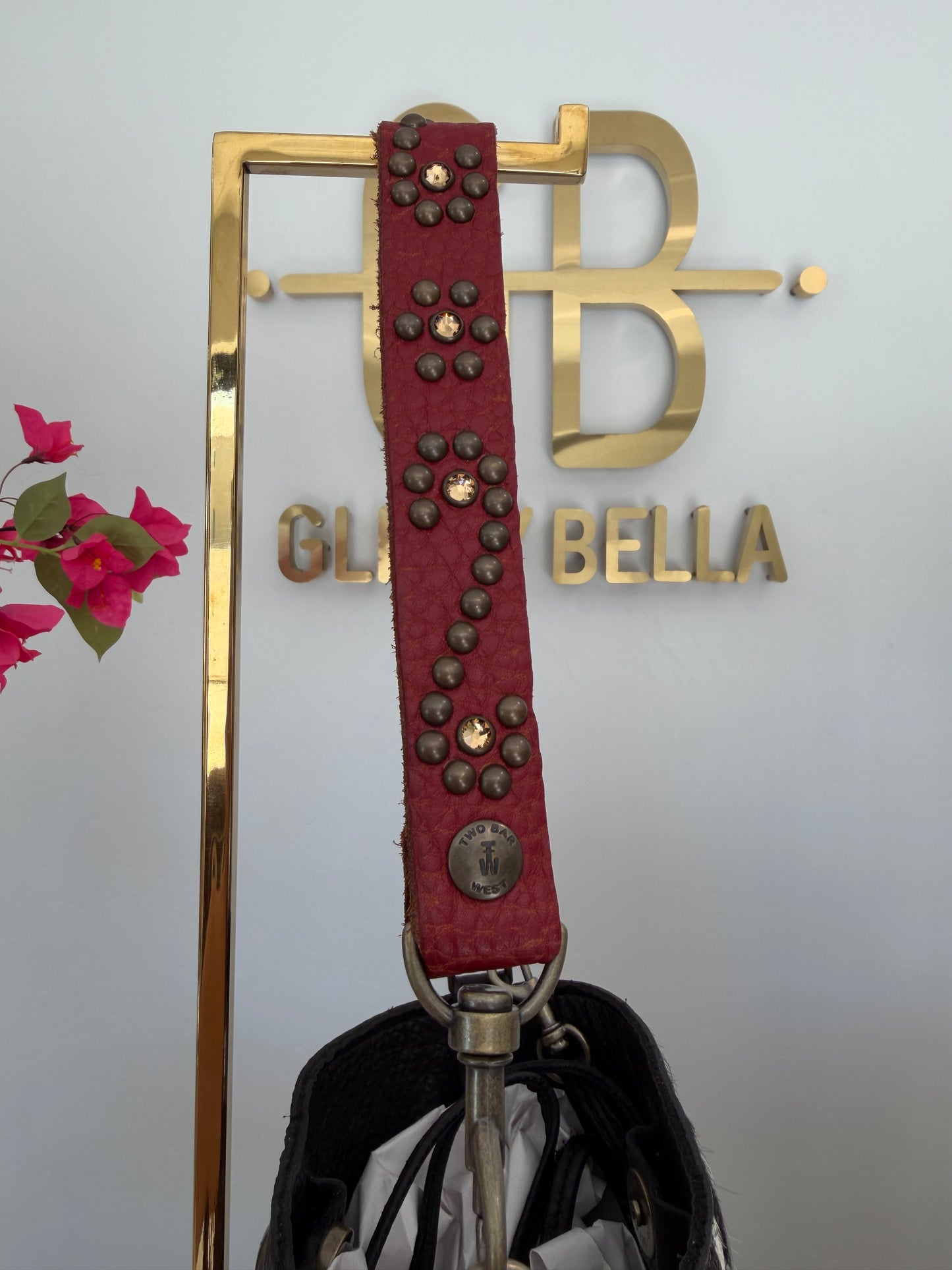 Black and White Cowhide Small Bucket Bag w/ Red Strap