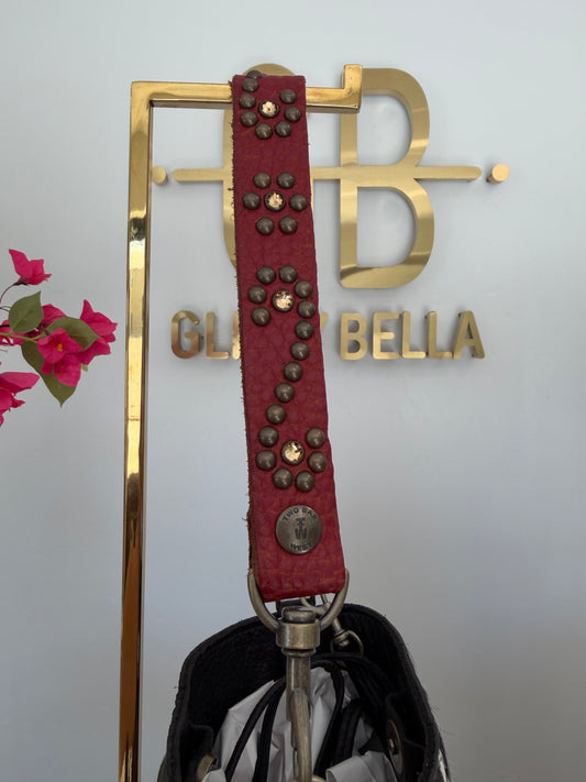 Black and White Cowhide Small Bucket Bag w/ Red Strap