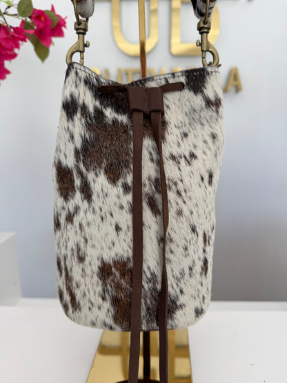 Brown and White Cowhide Bucket Bag Medium Drawstring w/ Cowhide Strap