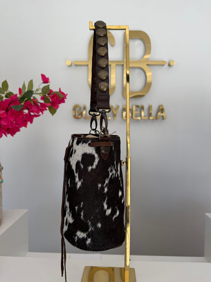 Brown and White Cowhide Bucket Bag Medium Drawstring w/ Studded Strap