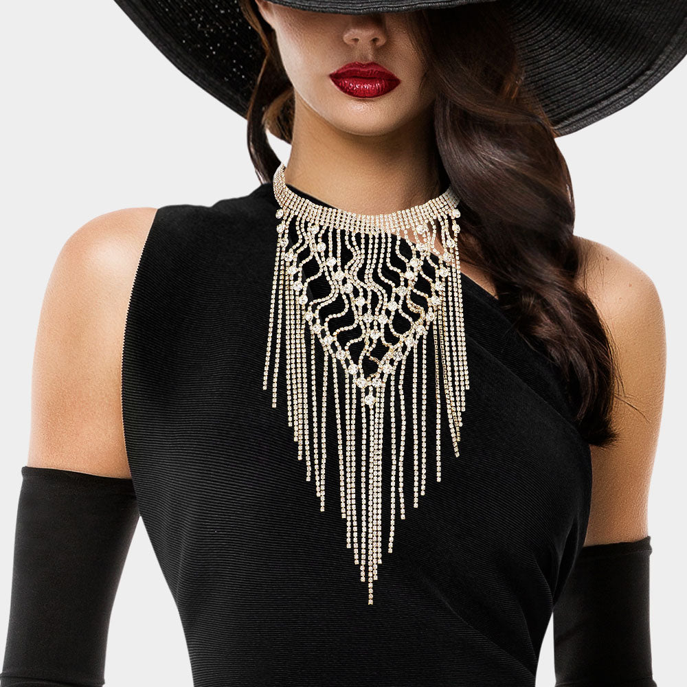 NEW!! Houston Rhinestone Fringe Choker in Gold