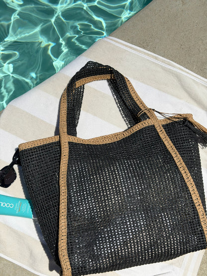 "Cannes Coast" Straw Tote Bag in Black