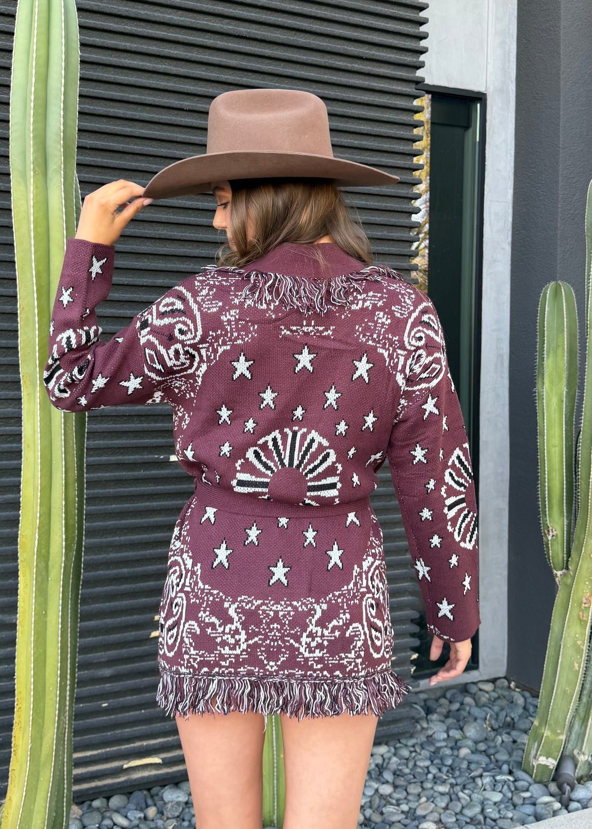 Sonora Fringe Wrap Cardigan in Burgundy