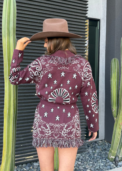 Sonora Fringe Wrap Cardigan in Burgundy